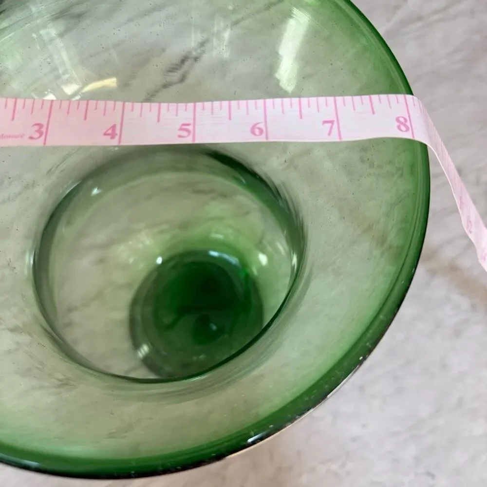 Heavy green hand blown glass vase 16” tall footed